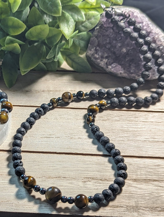 Lava Stone, Tiger's Eye and Hematite Necklace A Powerful Combo!!